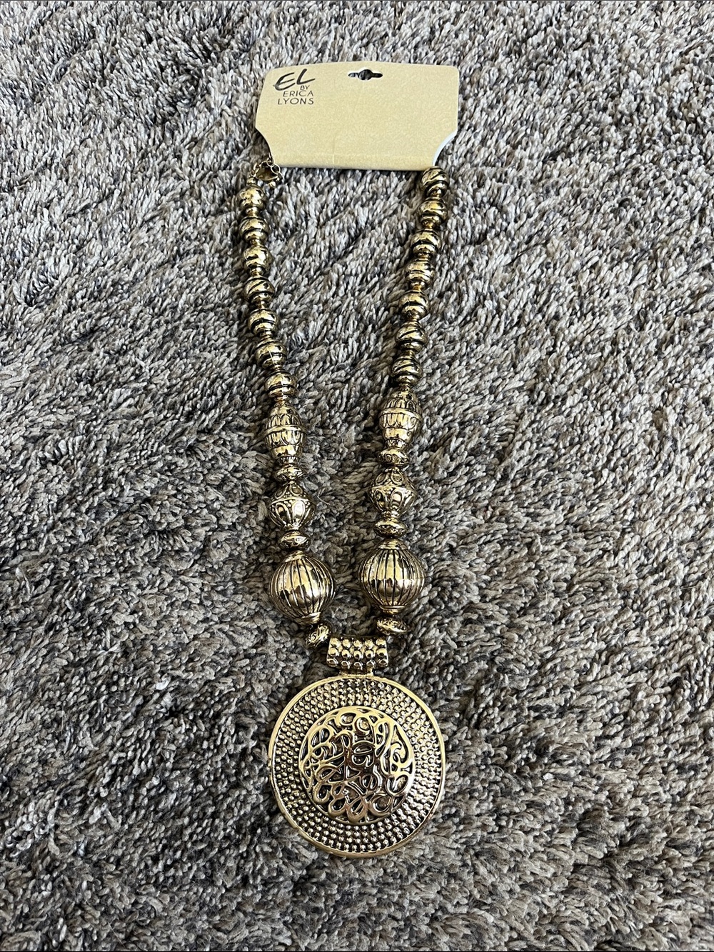 Erica Lyons Antique Gold Filigree Medallion Necklace!  New!